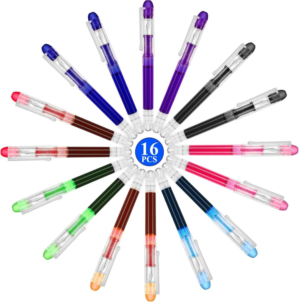 16 Pieces Colored Ink Disposable Fountain Pens Colorful Set Assorted Color Writing Fountain Pens Extra Fine Point Nib for Calligraphy Sketching, Holiday Christmas Gifts Office School Supplies