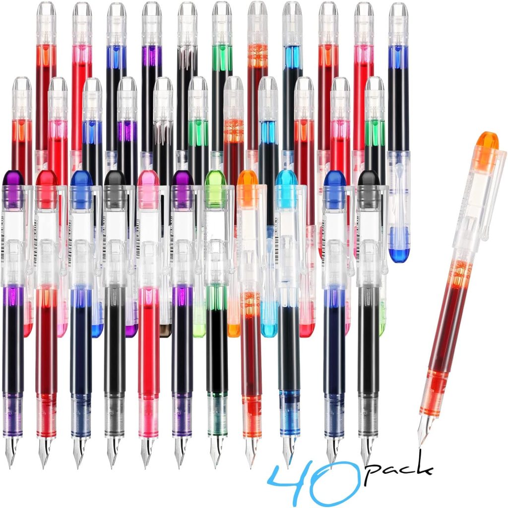 40 Pack Disposable Fountain Pens Set, Colored Ink Extra Fine Nib Classic Design Large Capacity Calligraphy Pens for Journaling, Office Supplies for Sketching, Writing