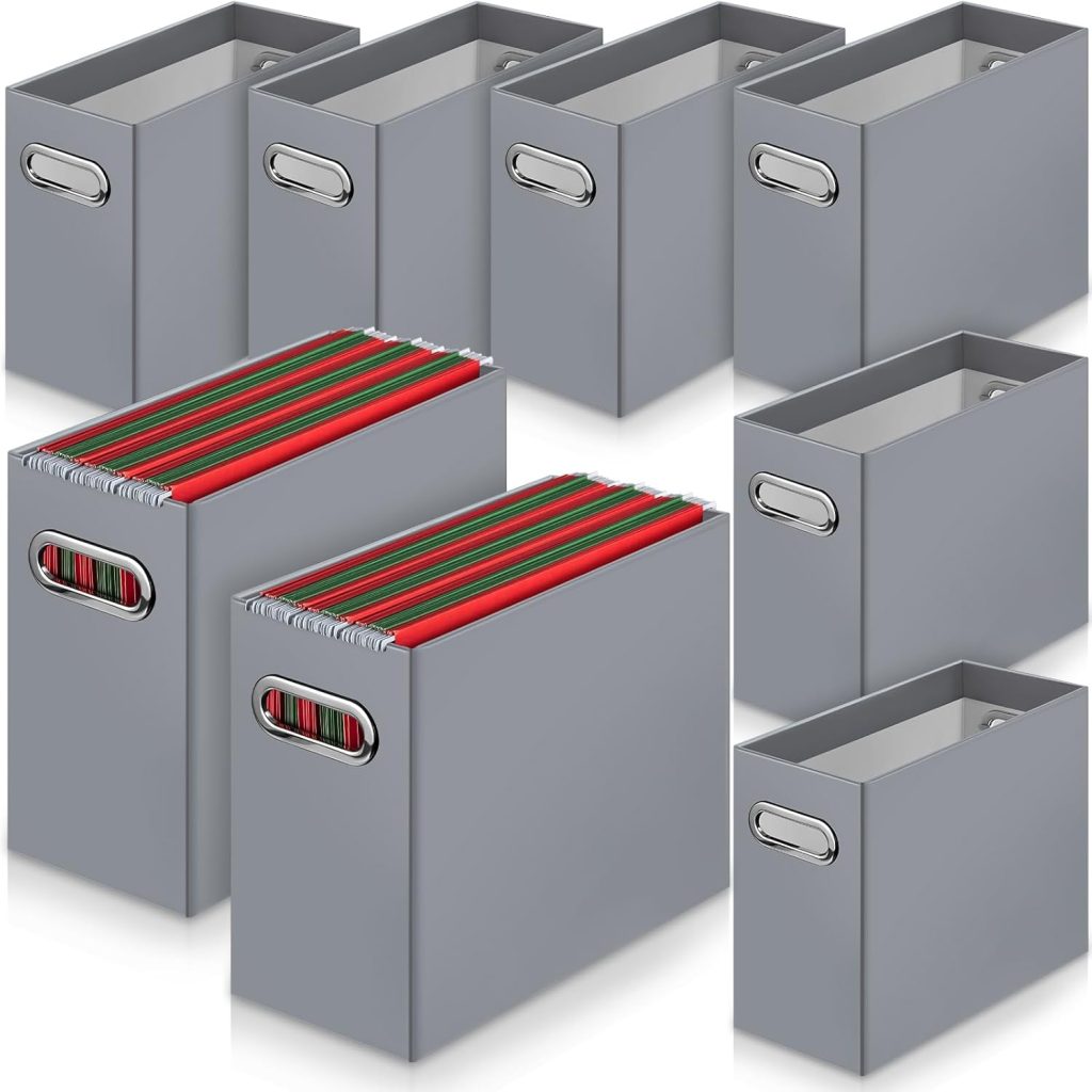 8 Pcs File Organizer Cardboard File Folder Holder Letter Size Portable Desktop File Storage Collapsible Hanging File Box with Handle Magazine Book Letter Storage Filing Box for Home Office(Gray)