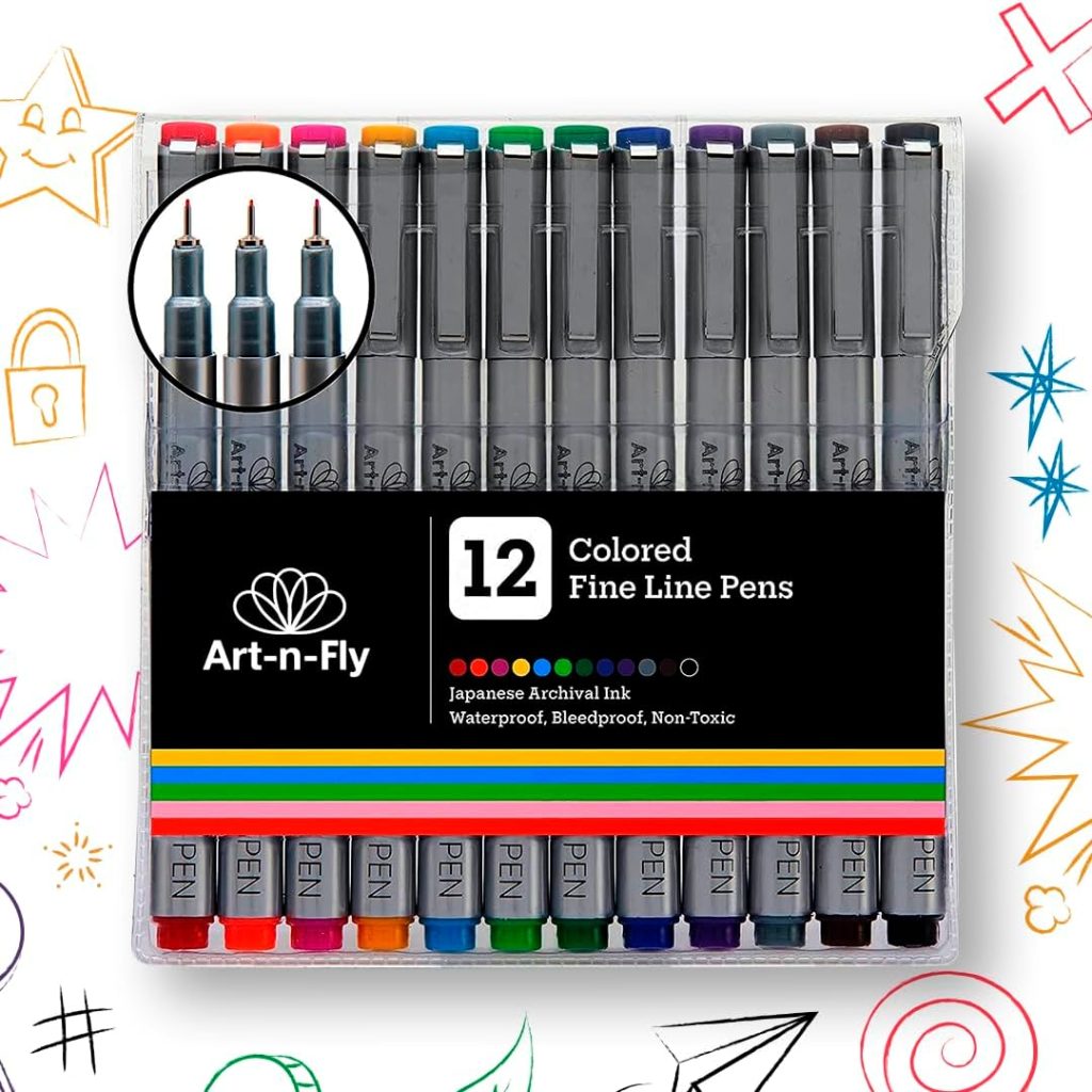 Art-n-Fly Colored Fine Point Pens Set of 12 - Drawing Fineliner Pens with Japanese Archival Ink 0.3mm - No Bleed Multi Color Marker Fine Tip Pens for Bullet Journaling, Coloring, Drawing & Detailing