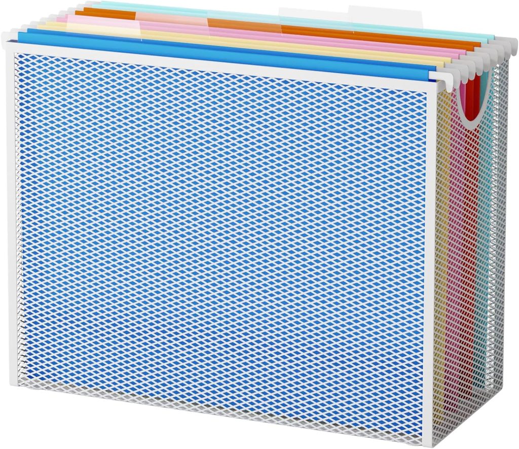 Hanging File Organizer for Desk, Metal Mesh File Storage Box, Desk File Holder Folder for Office&School, No Assembly Required, White