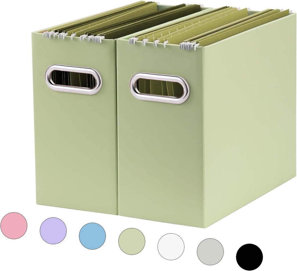 Oterri File Organizer, Small Storage Box, Cardboard File Folder Organizer, Collapsible File Box, Hanging File Organizer for Letter Size, Portable File Box with Handle, Only Box(Green,2 Packs)