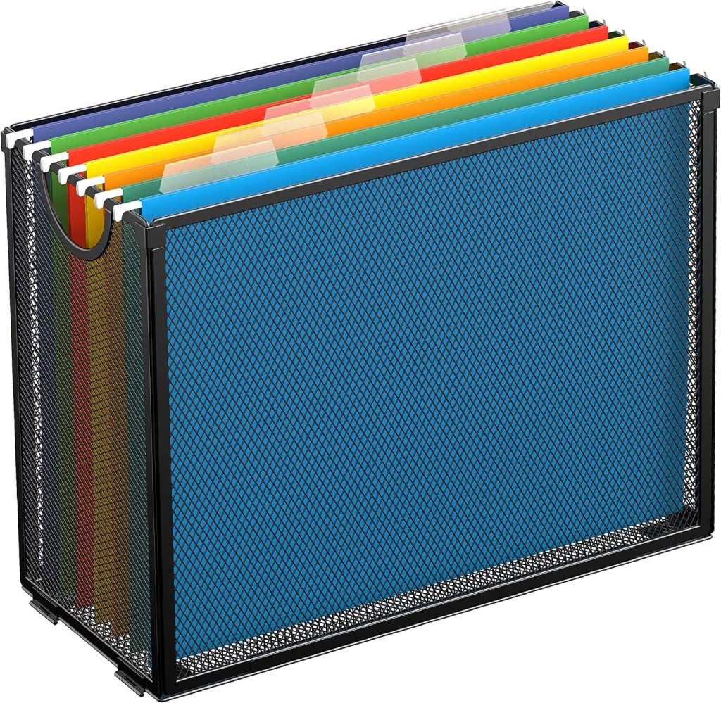 Sinboun Hanging File Organizer Letter-Size File Holder Filing Box Includes 7 Hanging Folders - Metal Mesh Magazine Book Letter Storage Cabinets File Cart for Office Home School, Easy Installation